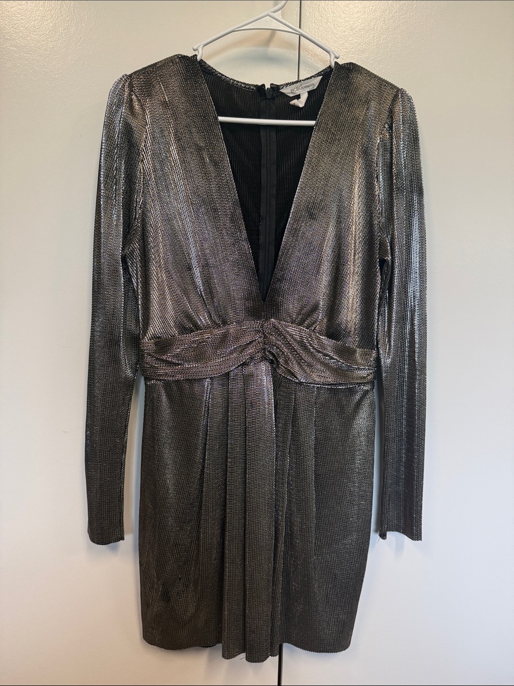BCBGeneration Metallic Silver Long Sleeve Plunging Wrap Dress - holidays, sexy